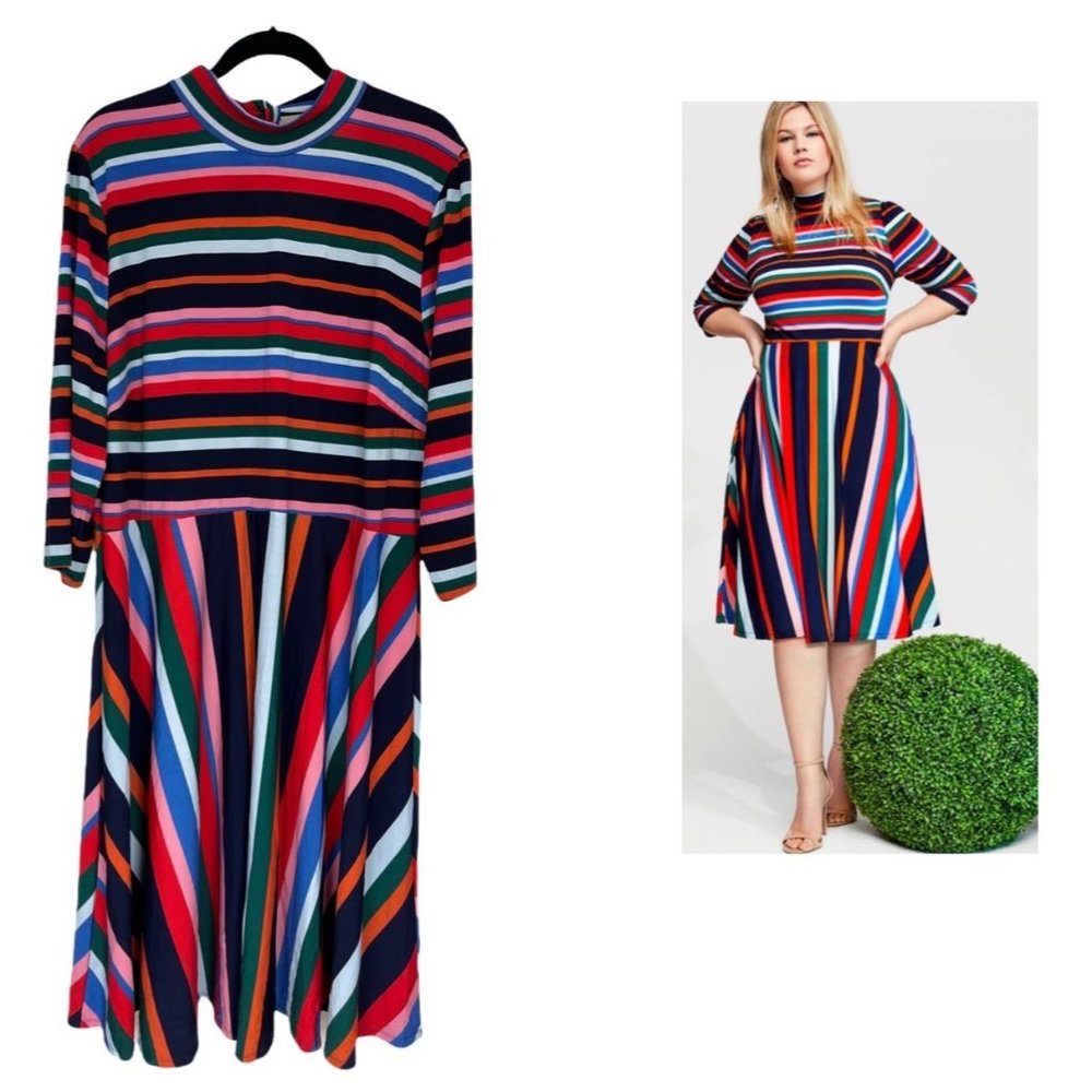Size 24 3X NWT ELOQUII MULTI-COLOR STRIPED FIT & FLARE MIDI DRESS Plus Size NEW